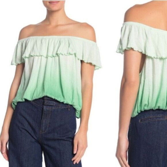 FREE PEOPLE CORA LEE TIE DYE DIP OMBRE MINT SEA GREEN OFF SHOULDER RUFFLE TOP - Picture 2 of 9
